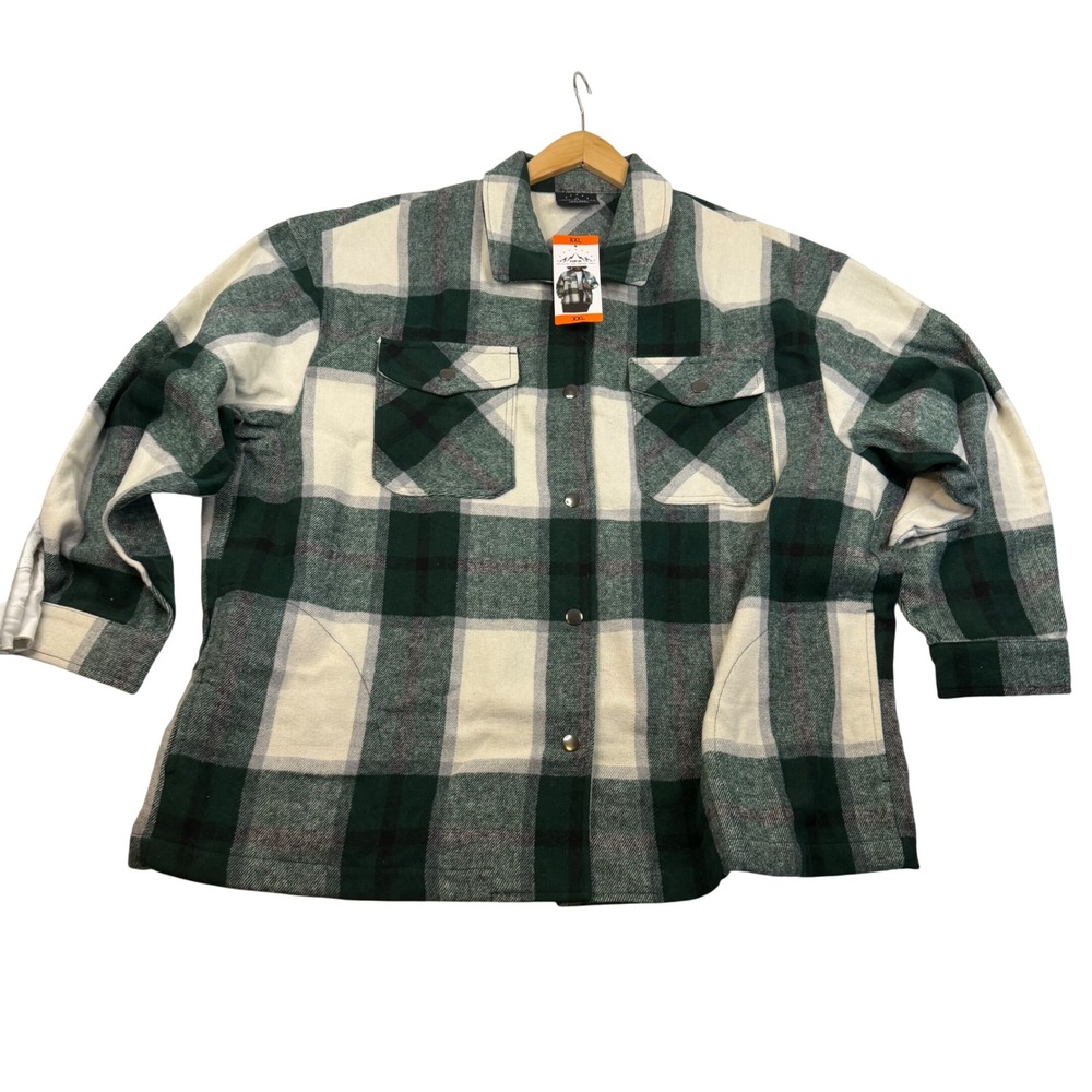HFX Mens XXL Green Plaid Flannel Shirt Jacket Wool Blend Snap Front Shacket NWT